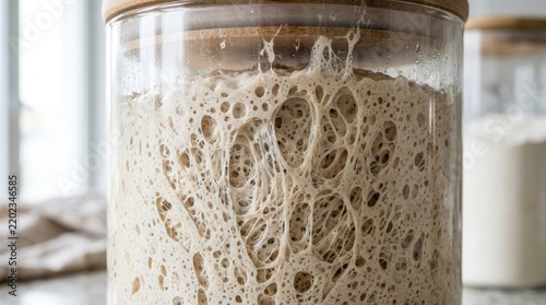 Active Sourdough Starter Fermenting in Glass Jar with Bubbles and Gluten Network for Artisan Bread Baking