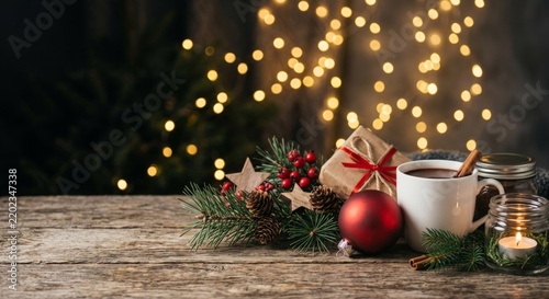 Cozy Christmas Holiday Background with Hot Coffee Mug Gift and Bokeh Lights on Rustic Wooden Table with Copy Space
