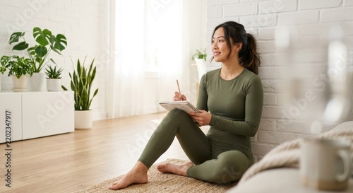 Smiling Asian Woman Journaling on Floor at Home Practicing Mindfulness and Mental Wellness Routine