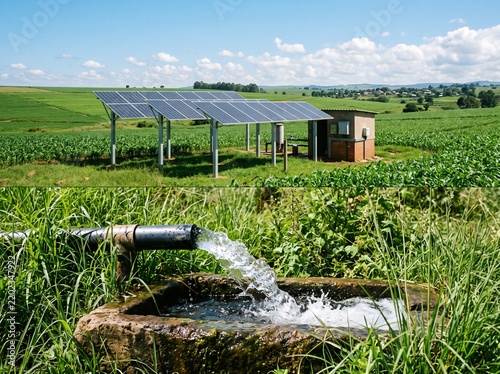 a solar powered water pump discharging fresh water into a trough in lush agricultural fields
