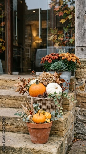Cozy Autumn Front Porch Decoration with Pumpkins Chrysanthemums and Dried Florals on Rustic Stone Steps for Thanksgiving and Fall Season