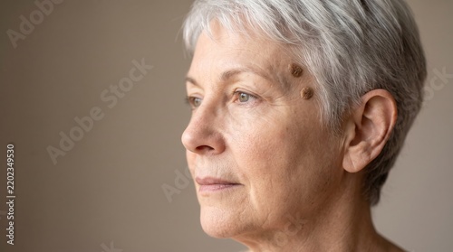 Senior woman profile with benign seborrheic keratosis senile warts on temple