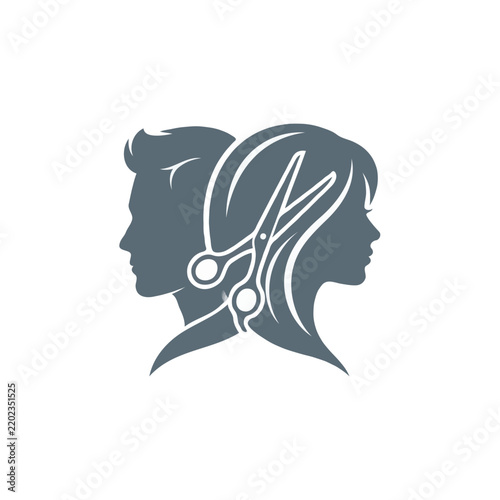 Hair Salon Logo Design with Man and Woman Profiles and Scissors Vector