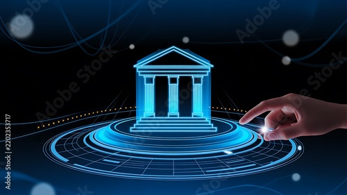 Modern digital illustration of a classical government building on a futuristic circular platform with glowing technology elements