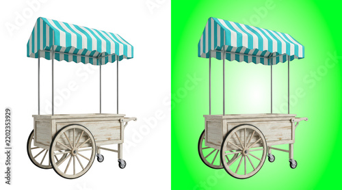 Obraz na plátne Vintage wooden street food cart with striped awning