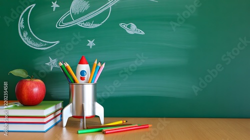 Colorful school supplies with pencils, crayons, books, and apple on a classroom desk with chalkboard background