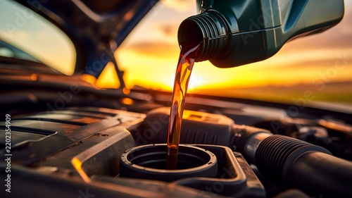 Pouring motor oil into car engine during maintenance at sunset