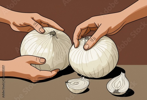 Hands holding onions with loose peels, fresh vegetable illustration on brown background