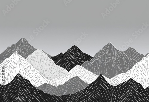 Minimalist Mountain Range Landscape Illustration with Abstract Texture, Gray Tones