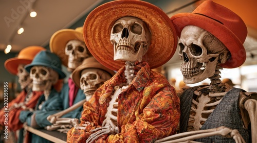 Five skeletons dressed in colorful, vintage-style hats and clothing are seated indoors, creating a quirky, Halloween or Day of the Dead-themed display.