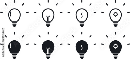 Set of 8 Lightbulb Icons, Idea and Innovation Vector Pack isolated on transparent background