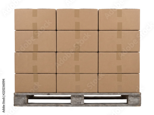 Stack of twelve cardboard boxes on a wooden pallet