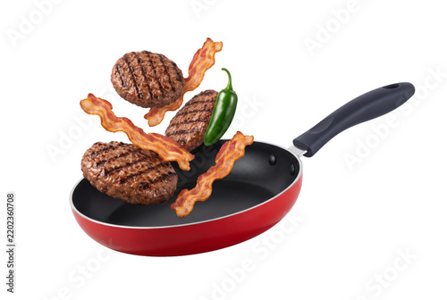 Grilled Burger Patties Bacon Strips and Green Jalapeno Tossing Into Red Frying Pan
