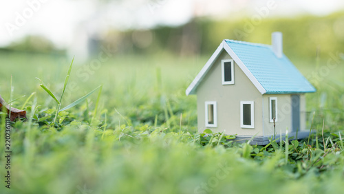 A small model house with a blue roof resting on a lush green lawn in a bright outdoor setting