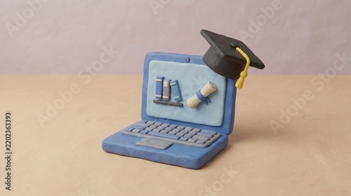 3D Clay Laptop with Graduation Cap Representing Digital Education