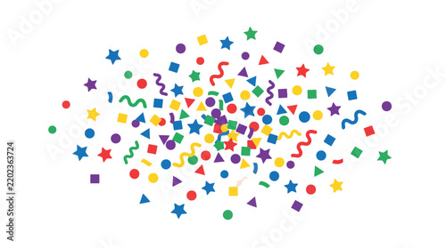 A vibrant collection of colorful geometric shapes and squiggles resembling confetti scattered on a white background.