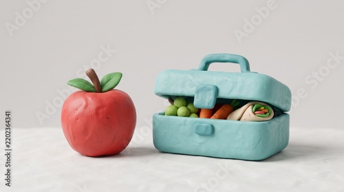 3D Clay Apple and Lunch Box Representing Healthy Eating Concept