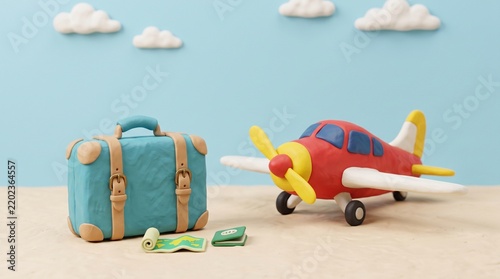 3D Clay Suitcase and Airplane Representing Vacation Planning