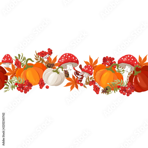 Autumn seamless border pattern with pumpkins, red amanita mushrooms, rowan berries, pine cones, and colorful fall leaves isolated on a white background. Vector illustration.