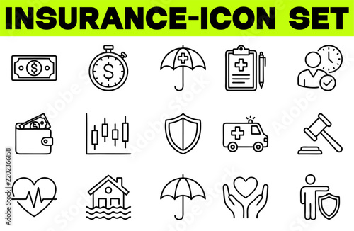 Insurance Icons Set – Assurance Outline Icons Collection, Life, Medical, Car, Travel, House, Healthcare, Money, Social Insurance, Stock Vector