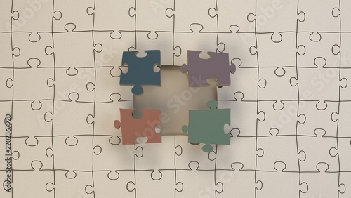 Four colorful puzzle pieces enclose a central blank space