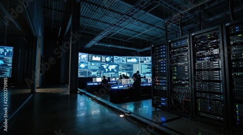 Security analysts monitor digital data in a dark server room. Advanced artificial intelligence protects casino infrastructure from cyber threats.