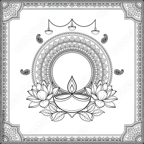 Intricate Diwali Mandala Vector with Diya Oil Lamp and Lotus Ornament Line Art