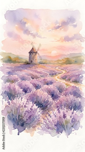 Scenic Lavender Field Watercolor Painting with Traditional Windmill at Sunset