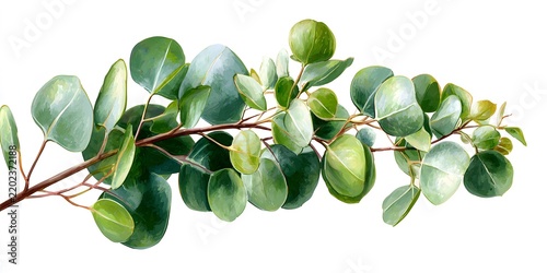 Sprig of round eucalyptus leaves on a white background