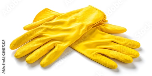 Pair of bright yellow rubber cleaning gloves arranged on a white background.