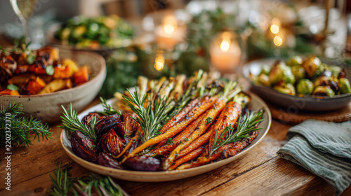New Year and Christmas. Roasted carrots and root vegetables garnished with rosemary on holiday dining table, beautifully plated vegetarian dish