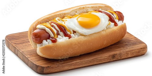 This loaded hot dog features a sausage in a bun topped with white rice, a fried egg, mustard and ketchup on a wooden cutting board.