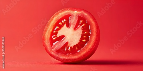 Fresh red tomato cut in half showing juicy interior on matching red background.