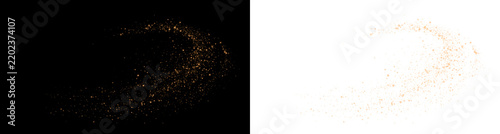 Sparkling golden stardust swirl with shining particles. Glowing magic glitter trail isolated on transparent background. Festive overlay effect PNG