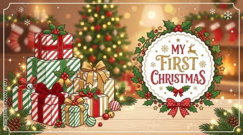 Christmas tree and gift boxes with my first christmas text decoration