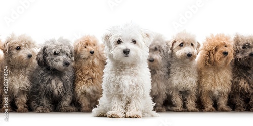 Group of fluffy puppies sitting in a row against a white background with one white dog prominently positioned in front.