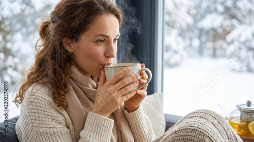 Woman drinking hot tea for hydration during winter skincare  