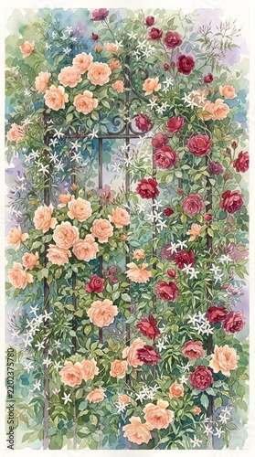 Romantic Climbing Pink Roses on Trellis Botanical Pattern Design