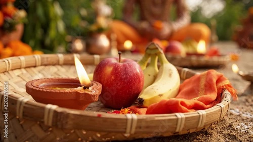 Bokeh shot of the basket, full of fruits and flowers to perform the indian festival,Chhath puja(a ritual,dedicated to pray the Sun as god) with selective focus.Preparation of indian ritual in ... See 