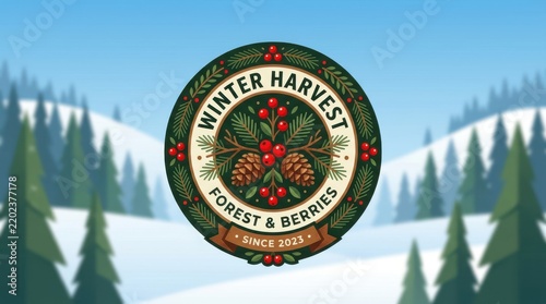 winter harvest forest berries logo with pinecones and red berries on snowy landscape winter harvest