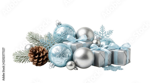 Blue and silver christmas ornaments and gift boxes isolated on transparent background