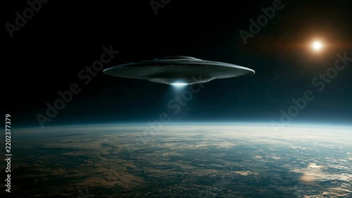 UFO seen hovering above Earth with bright light from sun in the background