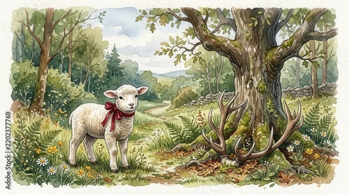 cute lamb with red ribbon in green meadow landscape with tree and flowers lamb red ribbon meadow sky