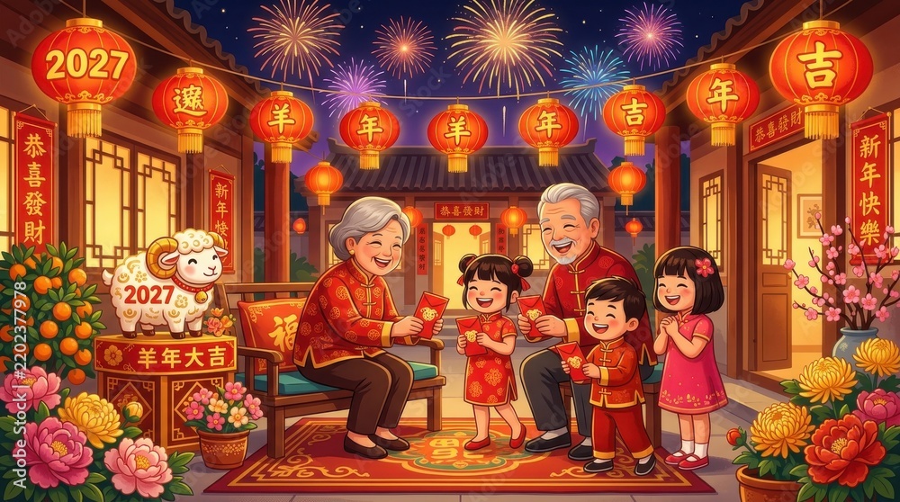 Fototapeta premium happy chinese new year 2027 celebration with multi-generational family sitting in traditional courty