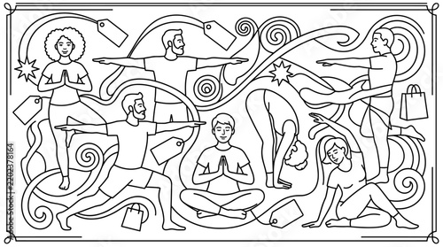 Diverse group of people practicing yoga poses in a stylized, flowing line art illustration with abstract swirls and graphic elements.