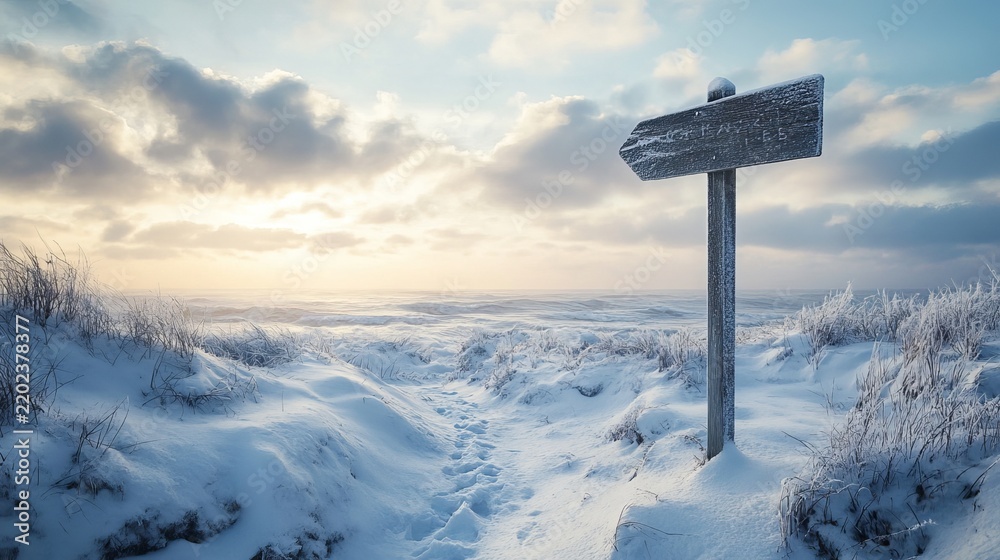 Fototapeta premium Weathered wooden signpost stands starkly against a snowy landscape, guiding travelers across dunes during a frosty winter sunrise