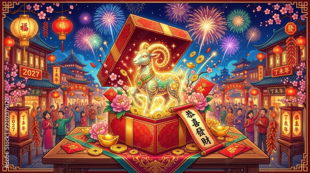 Fototapeta premium Chinese New Year 2027 Celebration Featuring A Golden Goat Statue Emerging From A Gift Box At Nightti