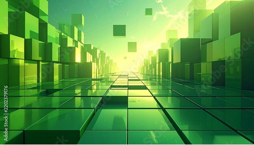 A minimalist, vibrant green background featuring gradient cubes and a grid layout—ideal for tech banners and presentations.