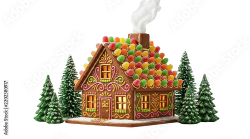 Decorated gingerbread house with pine trees for christmas isolated on transparent background