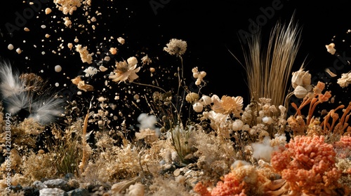 A 3D abstract representation of an ecosystem recovering after disruption shows seed species rebuilding. Dark background emphasizes the scene.
